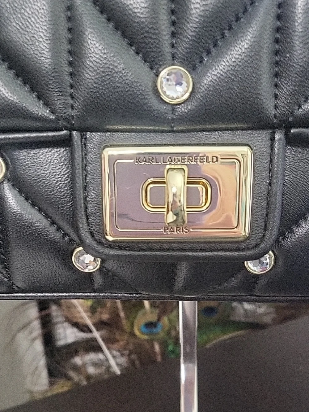 Karl Lagerfeld Black Quilted Shoulder Bag with Gold Chain and Crystal Accents - Picture 3 of 14